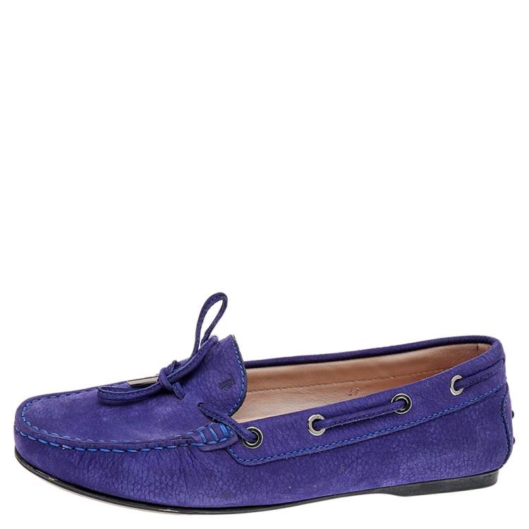 Pre Owned Tod's Blue Nubuck Leather Bow Slip On Loafers Size 37