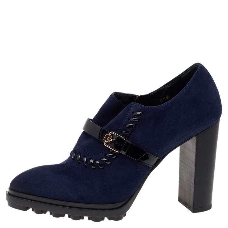 Pre Owned Tod's Blue Suede Buckle Block Heel Ankle Booties Size 37.5
