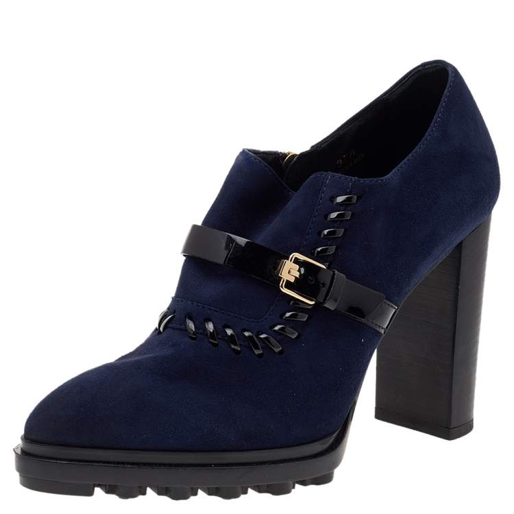 Pre Owned Tod's Blue Suede Buckle Block Heel Ankle Booties Size 37.5