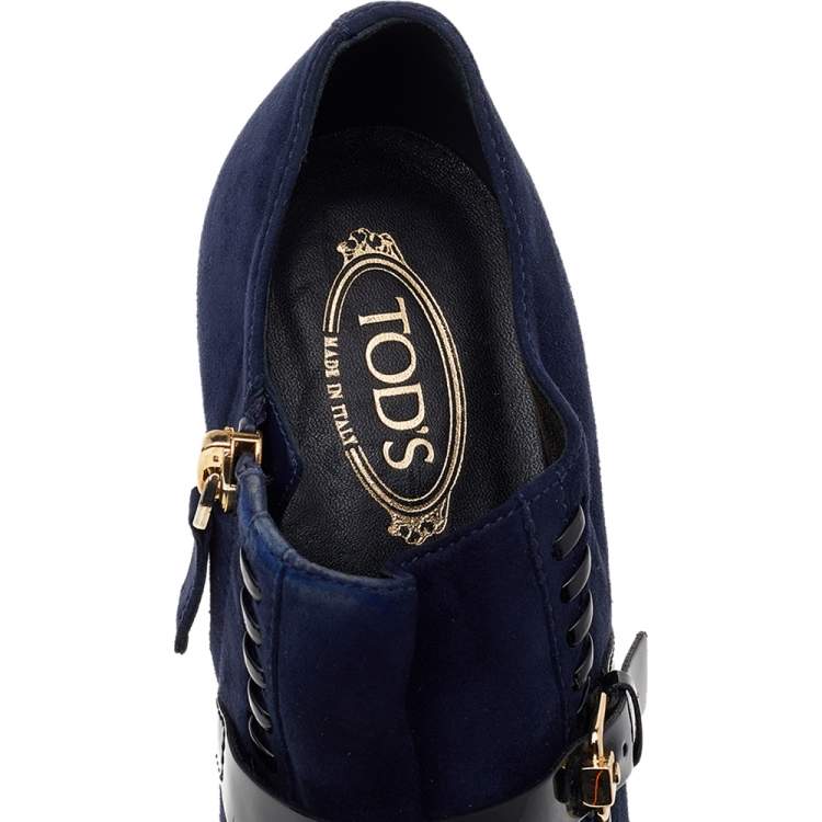 Pre Owned Tod's Blue Suede Buckle Block Heel Ankle Booties Size 37.5