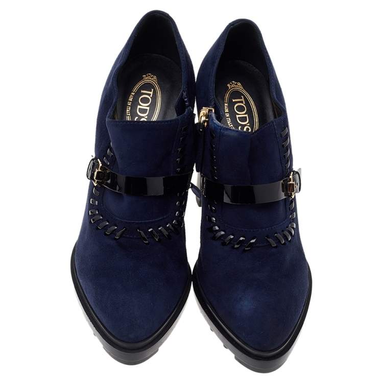 Pre Owned Tod's Blue Suede Buckle Block Heel Ankle Booties Size 37.5