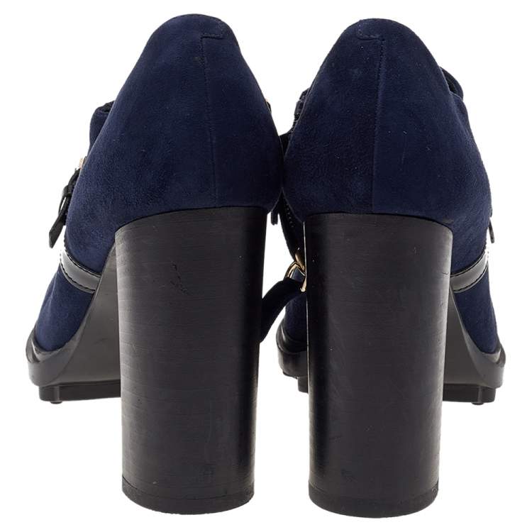 Pre Owned Tod's Blue Suede Buckle Block Heel Ankle Booties Size 37.5