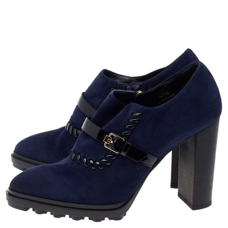 Pre Owned Tod's Blue Suede Buckle Block Heel Ankle Booties Size 37.5