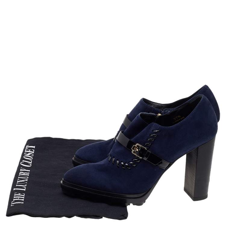 Pre Owned Tod's Blue Suede Buckle Block Heel Ankle Booties Size 37.5