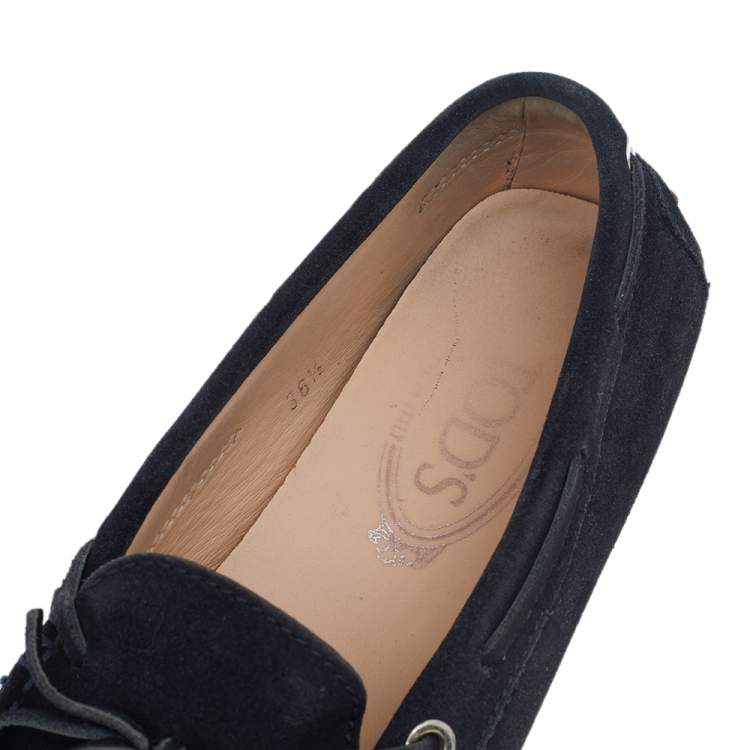 Pre Owned Tod's Navy Blue Leather Bow Slip On Loafers Size 36.5