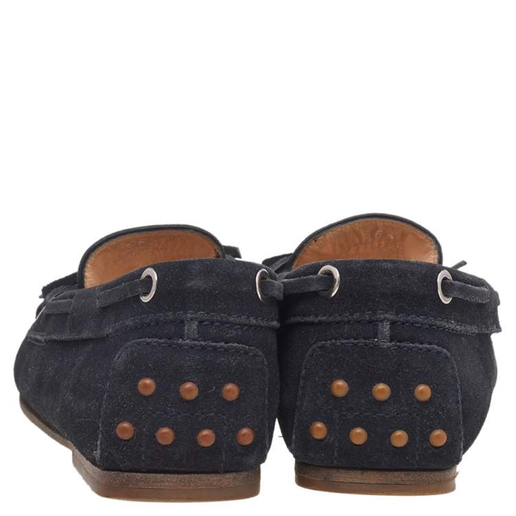 Pre Owned Tod's Navy Blue Leather Bow Slip On Loafers Size 36.5