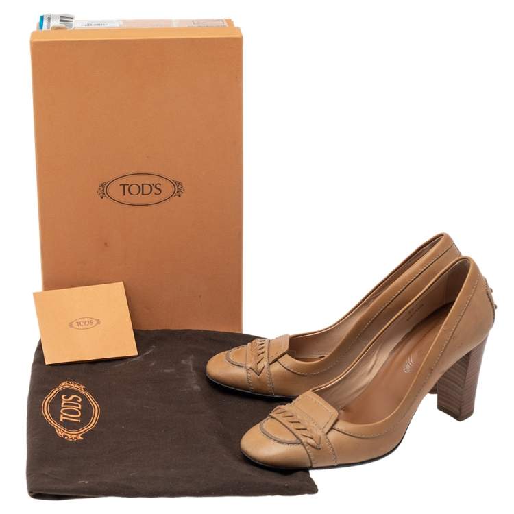 Pre Owned Tod's Beige Leather Block Heel Loafer Pumps Size 37
