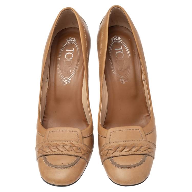 Pre Owned Tod's Beige Leather Block Heel Loafer Pumps Size 37