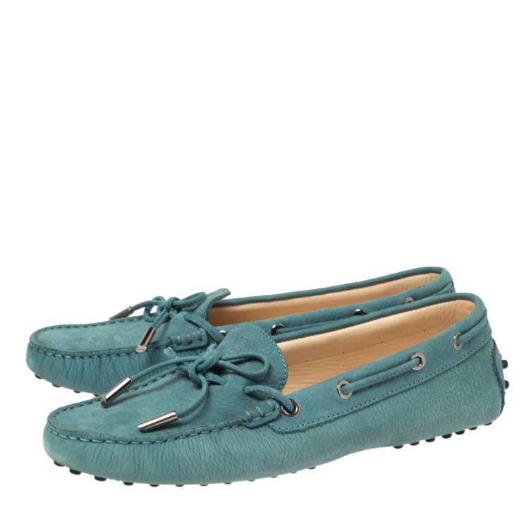 Pre Owned Tod's Green Nubuck Leather Bow Driving Loafers Size 39