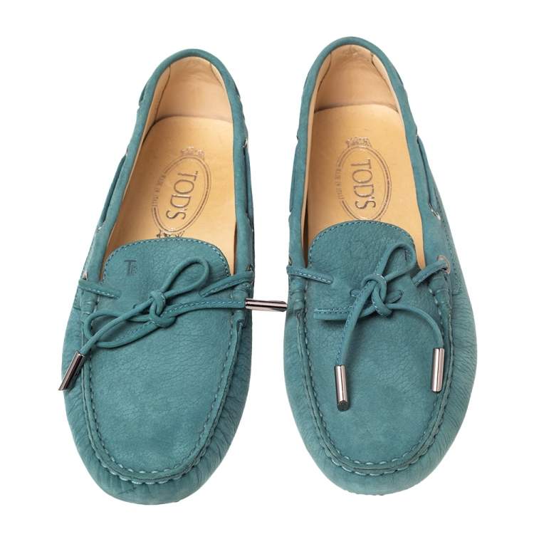 Pre Owned Tod's Green Nubuck Leather Bow Driving Loafers Size 39