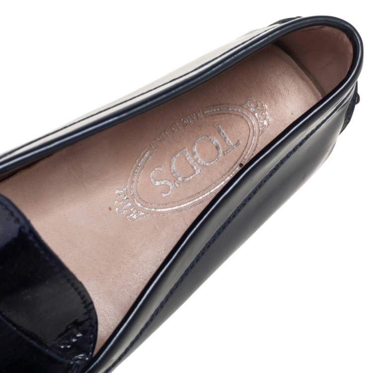Pre Owned Tod's Navy Blue Patent Leather Bow Slip On Loafers Size 38