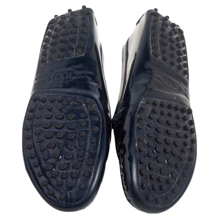 Pre Owned Tod's Navy Blue Patent Leather Bow Slip On Loafers Size 38