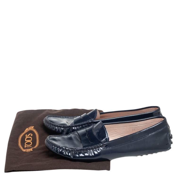 Pre Owned Tod's Navy Blue Patent Leather Bow Slip On Loafers Size 38