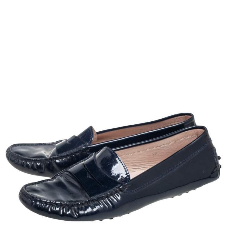 Pre Owned Tod's Navy Blue Patent Leather Bow Slip On Loafers Size 38