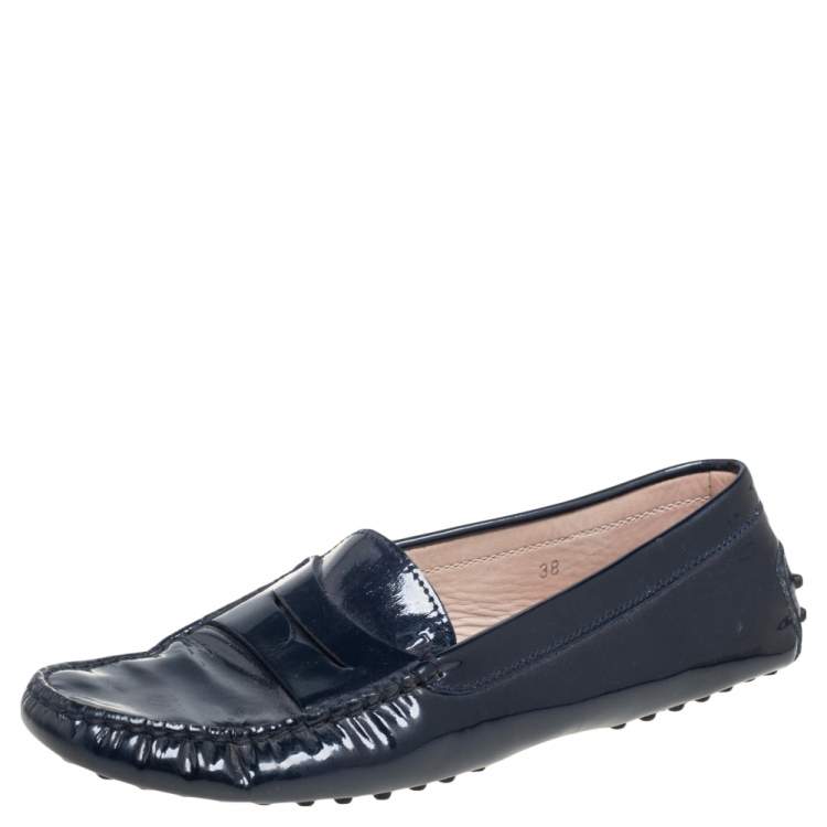 Pre Owned Tod's Navy Blue Patent Leather Bow Slip On Loafers Size 38