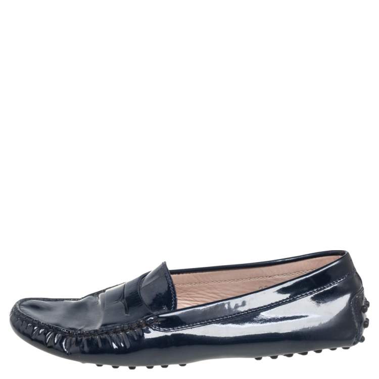 Pre Owned Tod's Navy Blue Patent Leather Bow Slip On Loafers Size 38