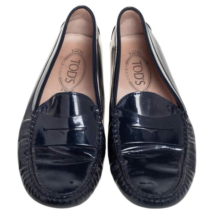 Pre Owned Tod's Navy Blue Patent Leather Bow Slip On Loafers Size 38