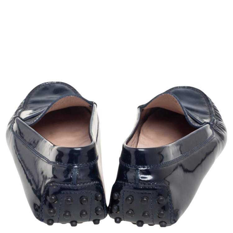 Pre Owned Tod's Navy Blue Patent Leather Bow Slip On Loafers Size 38