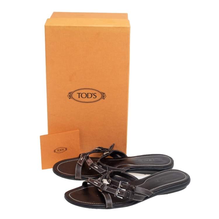 Pre Owned Tod's Dark Brown Leather Buckle Detail Flats Size 38