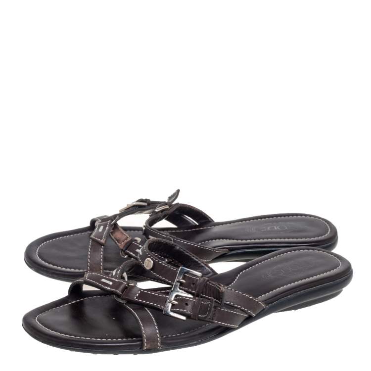 Pre Owned Tod's Dark Brown Leather Buckle Detail Flats Size 38