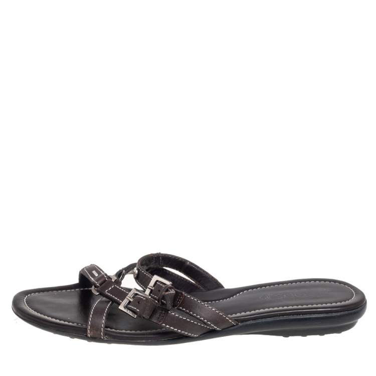 Pre Owned Tod's Dark Brown Leather Buckle Detail Flats Size 38