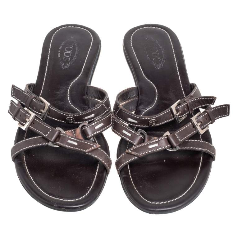 Pre Owned Tod's Dark Brown Leather Buckle Detail Flats Size 38