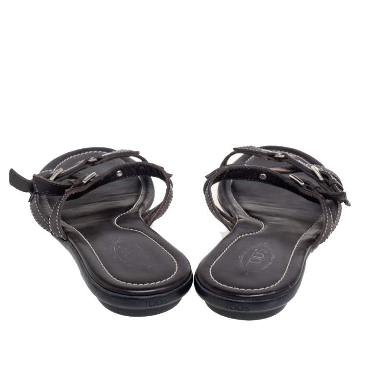 Pre Owned Tod's Dark Brown Leather Buckle Detail Flats Size 38