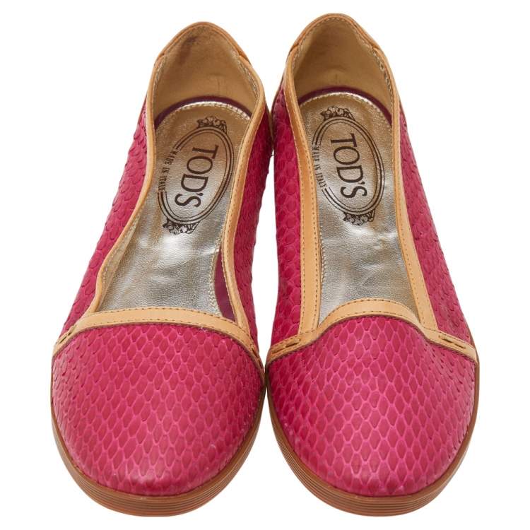 Pre Owned Tod's Pink/Brown Python And Leather Ballet Flats Size 37