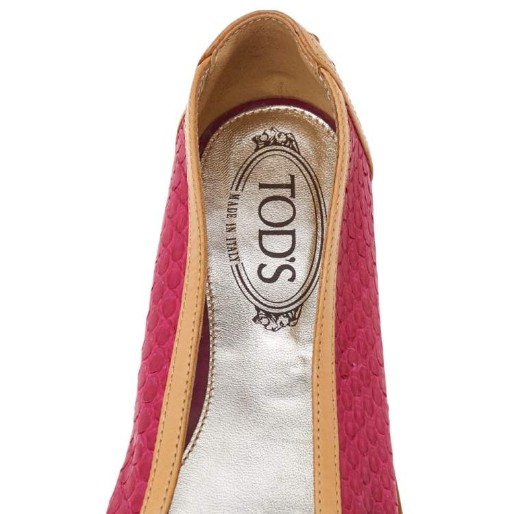 Pre Owned Tod's Pink/Brown Python And Leather Ballet Flats Size 37