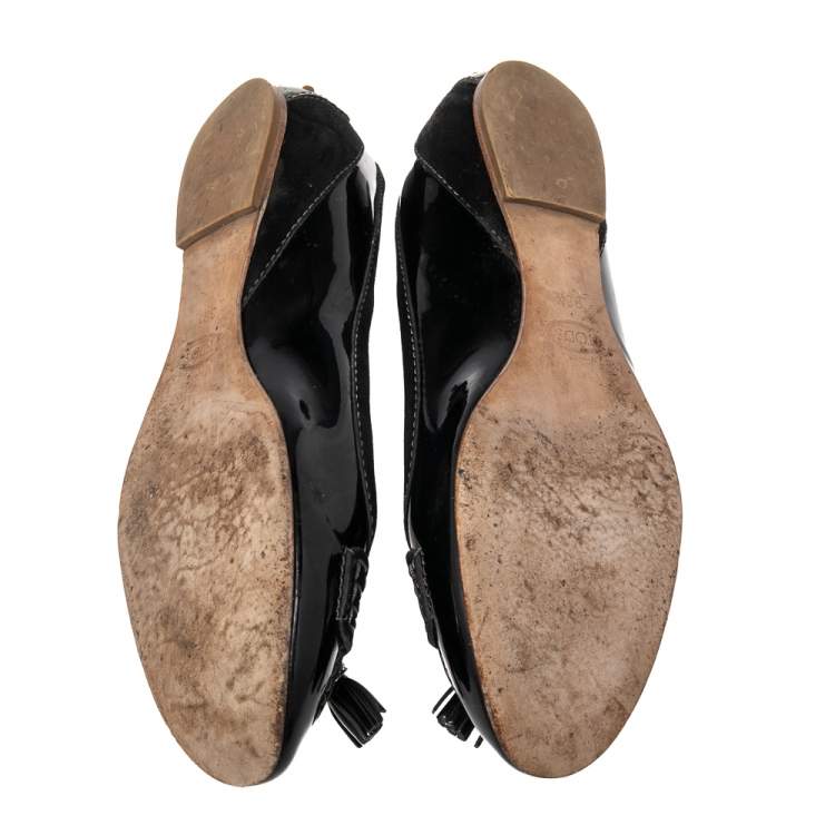 مملوكة مسبقًا Tod's Black Patent And Suede Gommino Driving Loafers Size 38.5
