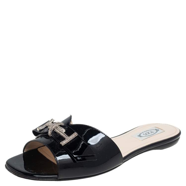 Tod's Black Patent Leather Double T Crystals Embellished Flat Sandals ...