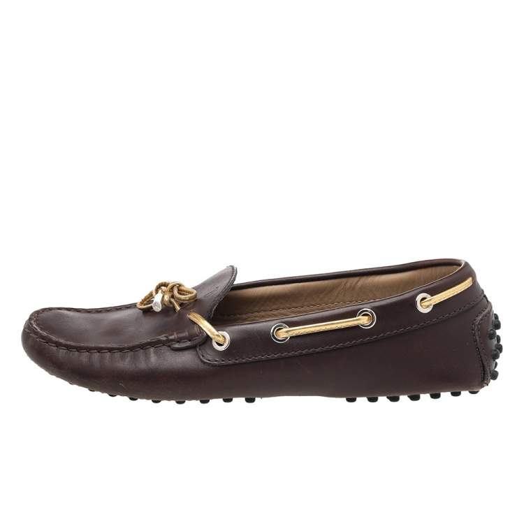 Pre Owned Tod's Brown/Gold Leather Bow Slip On Loafers Size 37