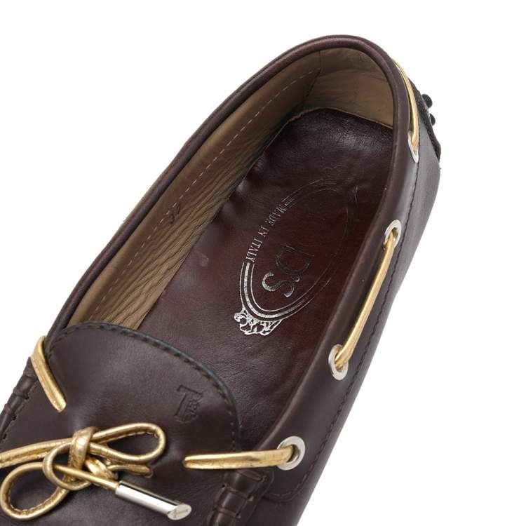 Pre Owned Tod's Brown/Gold Leather Bow Slip On Loafers Size 37