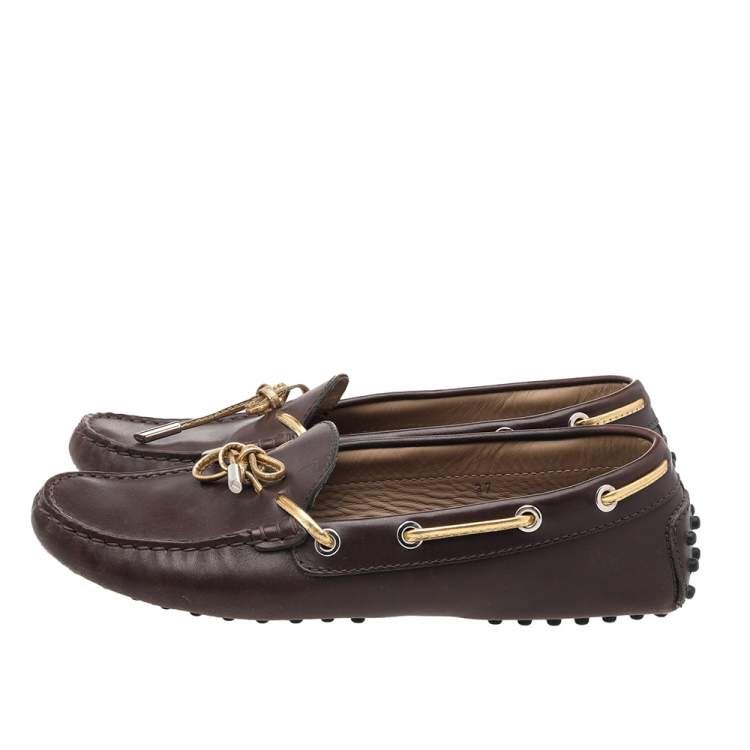 Pre Owned Tod's Brown/Gold Leather Bow Slip On Loafers Size 37