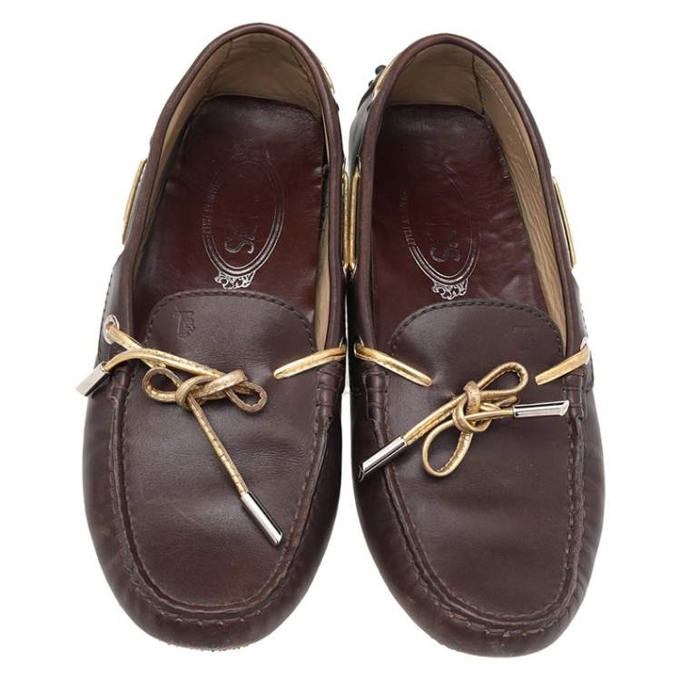 Pre Owned Tod's Brown/Gold Leather Bow Slip On Loafers Size 37