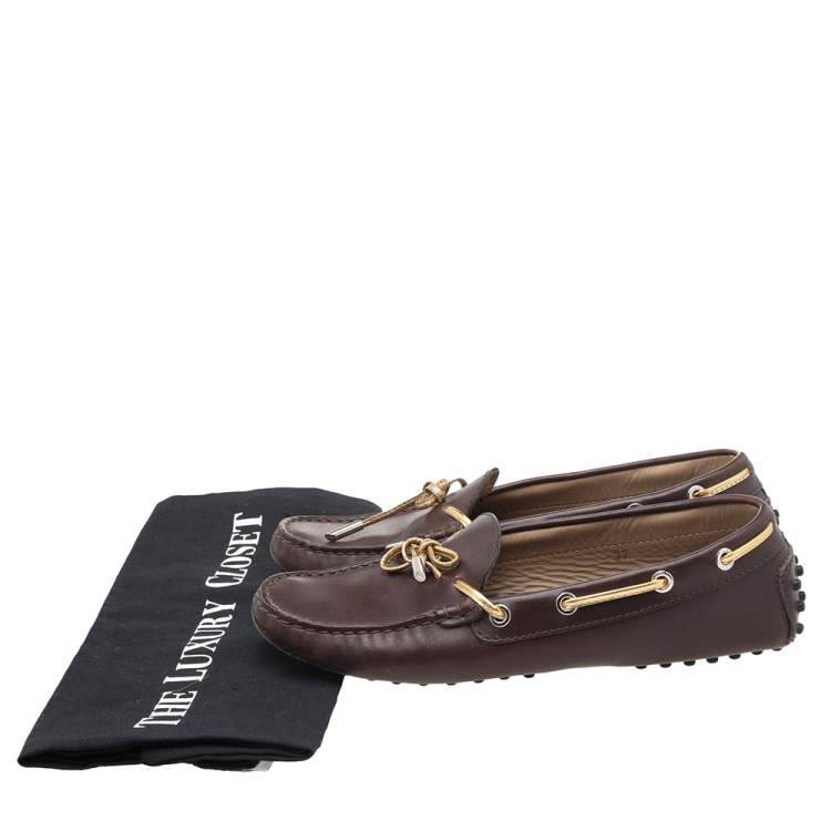 Pre Owned Tod's Brown/Gold Leather Bow Slip On Loafers Size 37