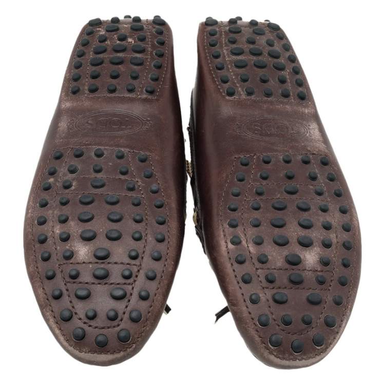 Pre Owned Tod's Brown/Gold Leather Bow Slip On Loafers Size 37