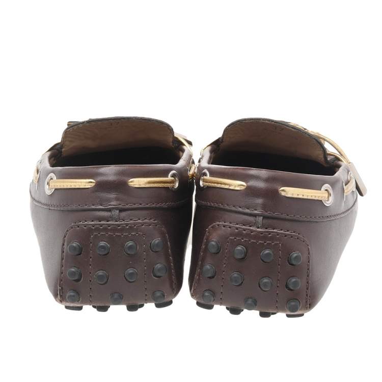 Pre Owned Tod's Brown/Gold Leather Bow Slip On Loafers Size 37