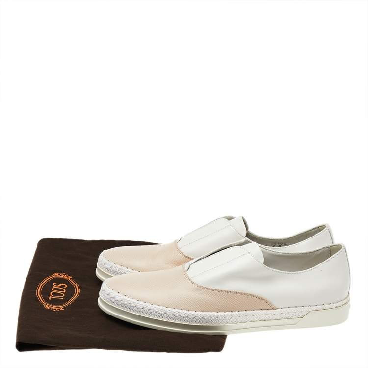 Pre Owned Tod's Peach/White Leather Francesina Slip On Espadrille Sneakers 39.5