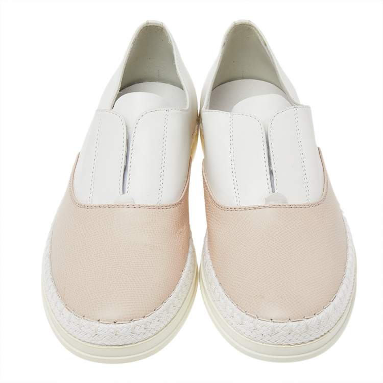 Pre Owned Tod's Peach/White Leather Francesina Slip On Espadrille Sneakers 39.5