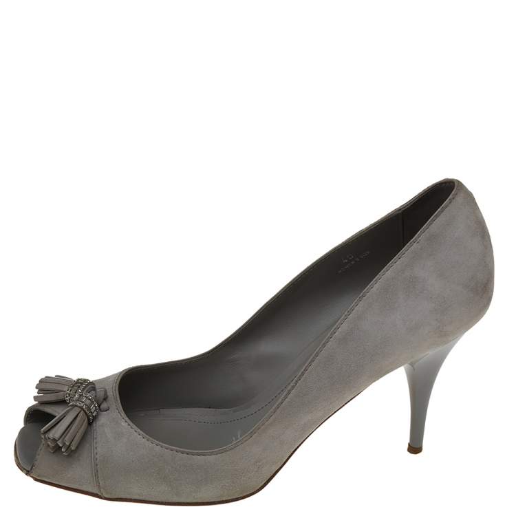 Pre Owned Tod's Grey Suede Embellished Fringe Peep Toe Pumps Size 40