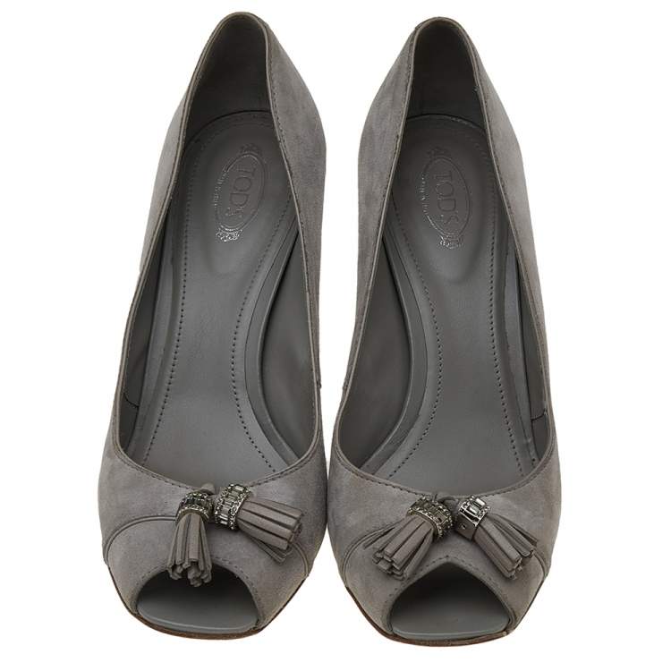 Pre Owned Tod's Grey Suede Embellished Fringe Peep Toe Pumps Size 40