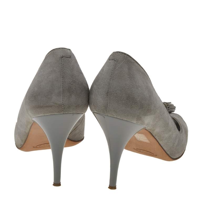 Pre Owned Tod's Grey Suede Embellished Fringe Peep Toe Pumps Size 40