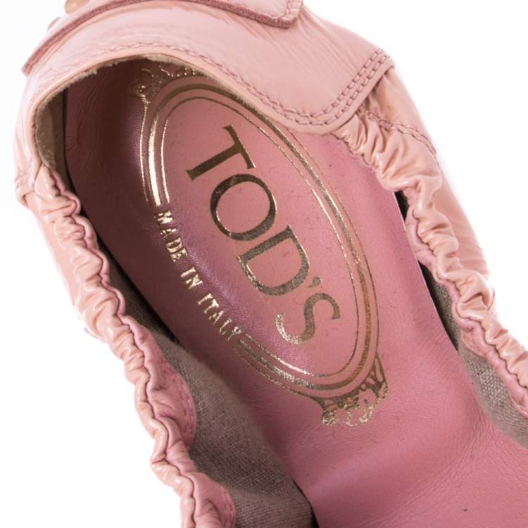 Pre Owned Tod's Salmon Pink Patent Leather Ballerina Scrunch Flats Size 37