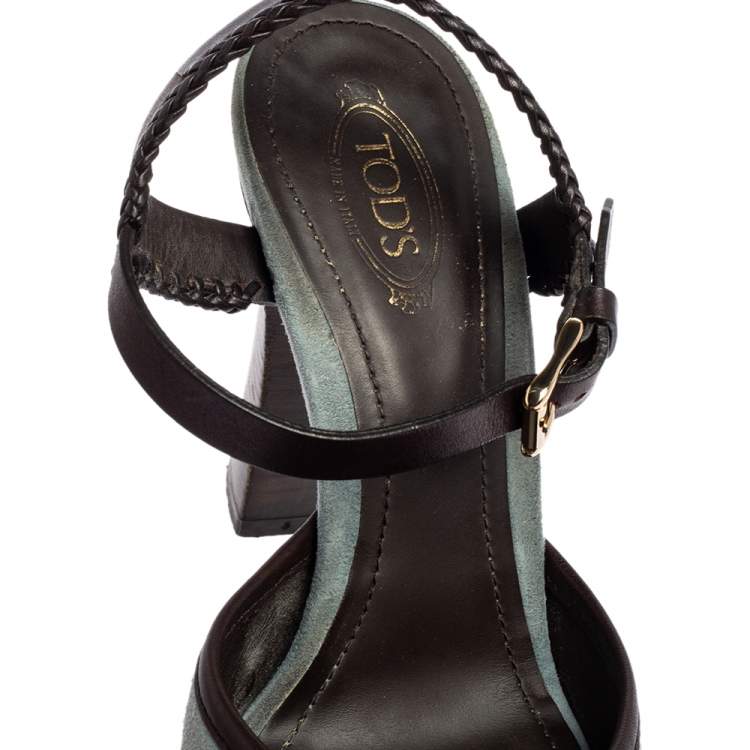 Pre Owned Tod's Dark Brown/Light Blue Suede and Leather Braided Platform Sandals Size 39.5