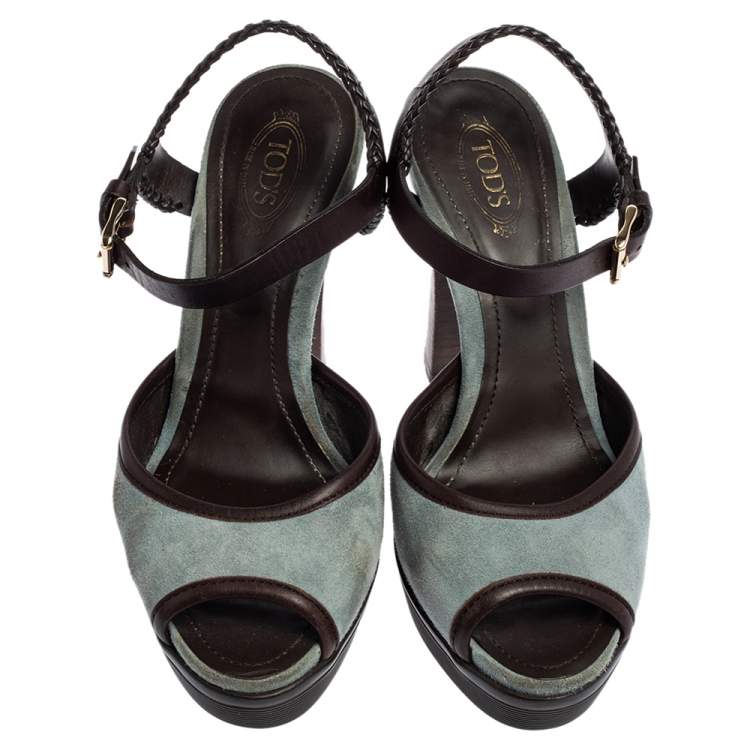 Pre Owned Tod's Dark Brown/Light Blue Suede and Leather Braided Platform Sandals Size 39.5