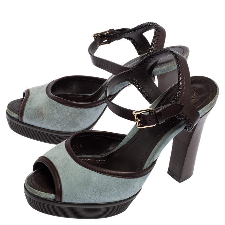 Pre Owned Tod's Dark Brown/Light Blue Suede and Leather Braided Platform Sandals Size 39.5
