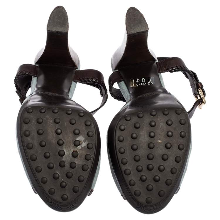 Pre Owned Tod's Dark Brown/Light Blue Suede and Leather Braided Platform Sandals Size 39.5