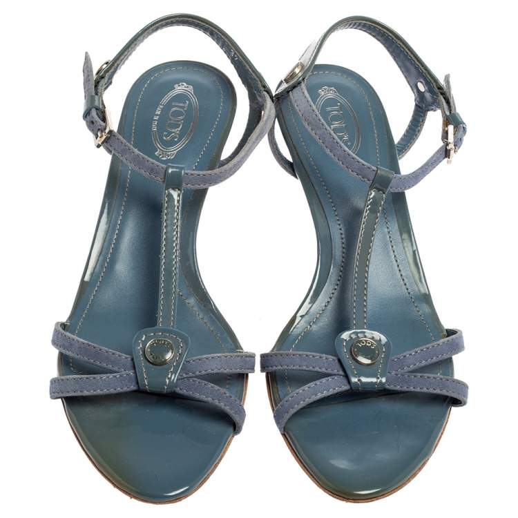 Pre Owned Tod's Stone Blue Suede and Patent Leather T Strap Sandals Size 37