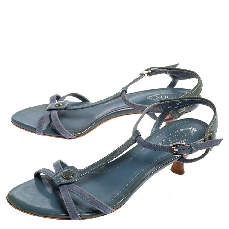 Pre Owned Tod's Stone Blue Suede and Patent Leather T Strap Sandals Size 37